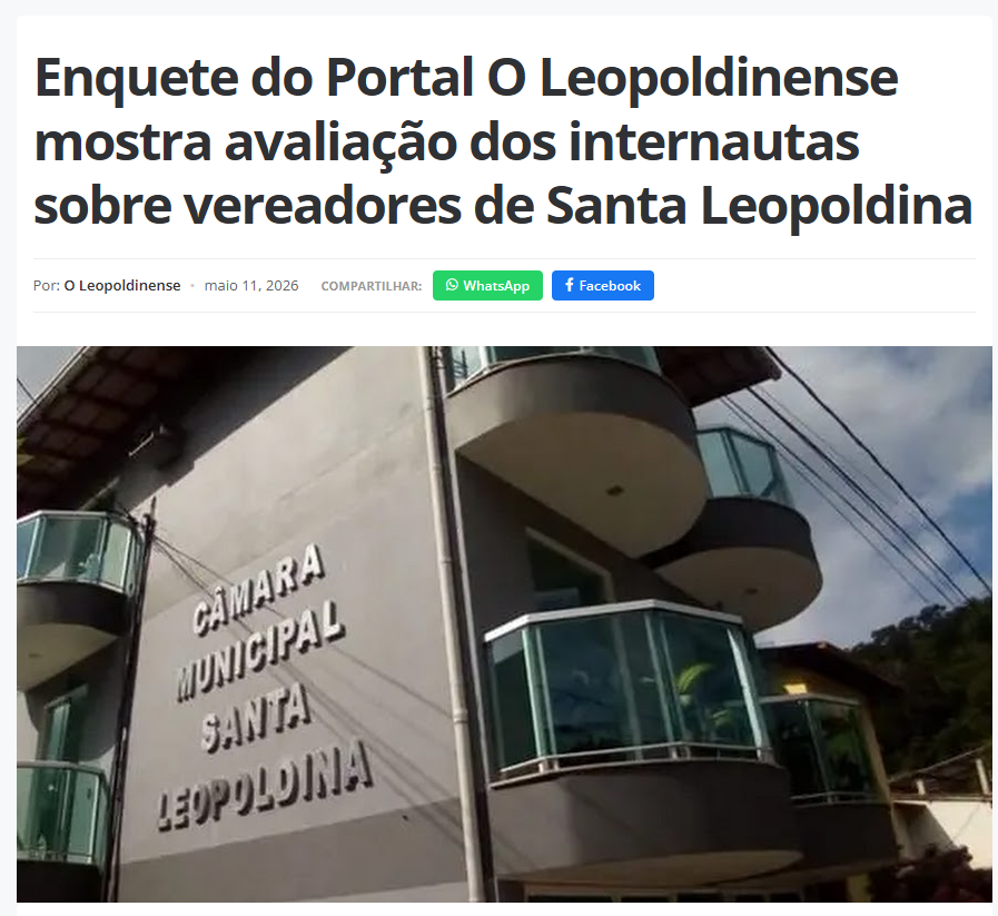 Enquete do Portal O Leopoldinense mostra avaliação dos internautas sobre vereadores de Santa Leopoldina