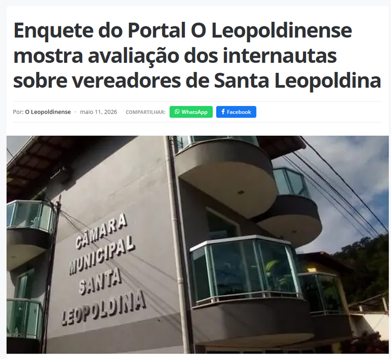 Enquete do Portal O Leopoldinense mostra avaliação dos internautas sobre vereadores de Santa Leopoldina
