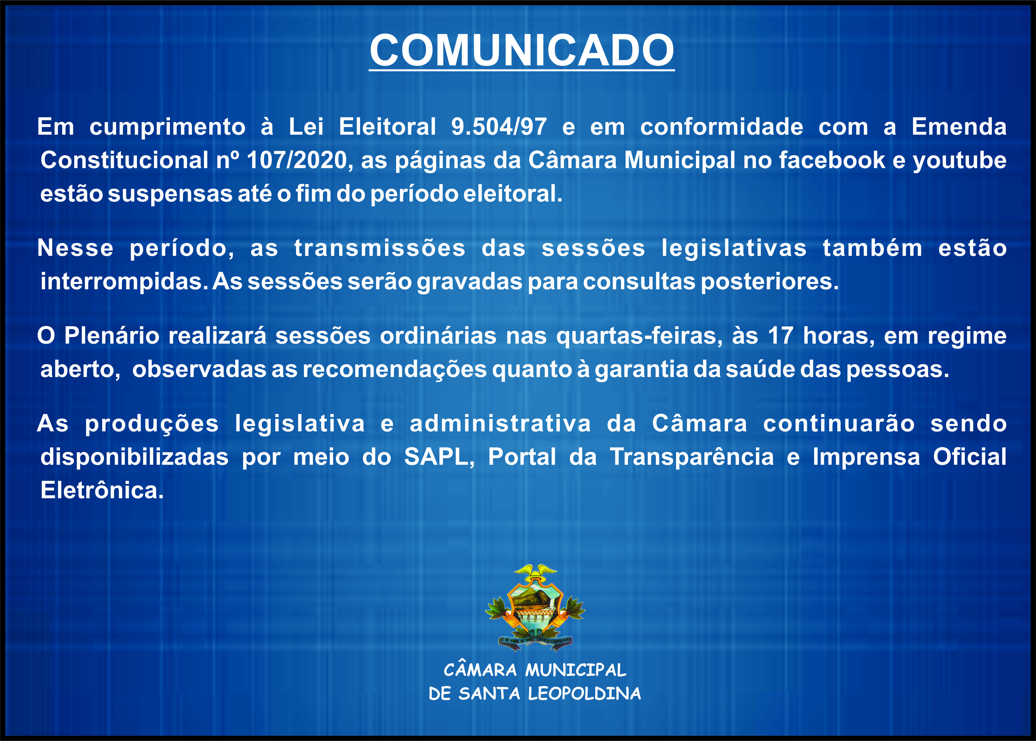 Transmissões ao vivo das sessões plenárias estão temporariamente suspensas